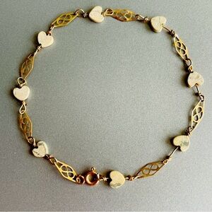 14k Gold White Agate Heart Bead Vintage Tennis Bracelet